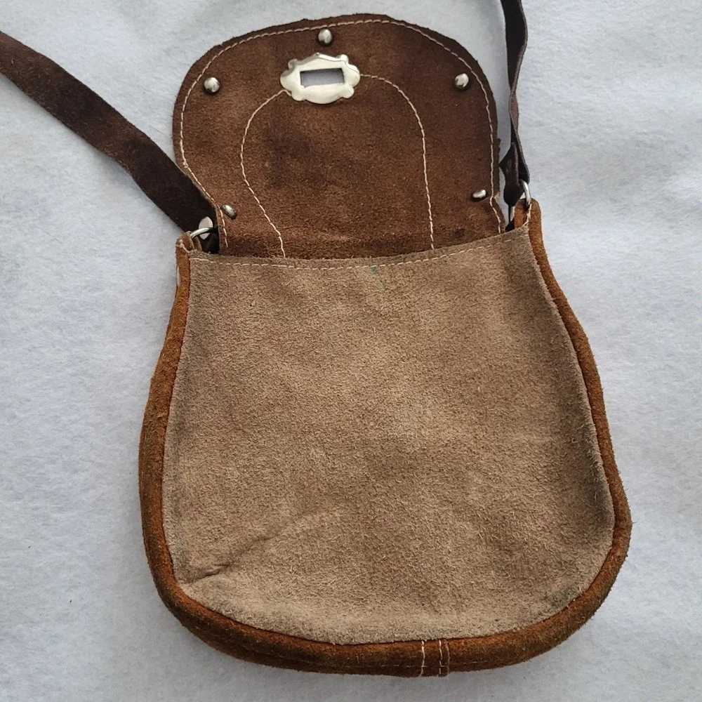 Vintage Brown Leather Hand Crafted Purse Bag Mini Hippie Retro‎ Hobo